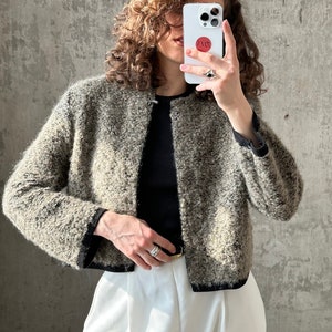 Vintage cropped women blazer in grey, fluffy blazer