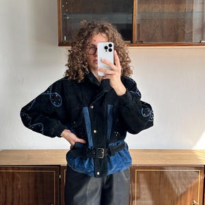 Blouson moto en cuir suédé vintage des années 90 - Noir, manches dolman courtes