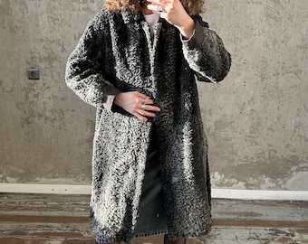 Vintage astrakhan long coat in grey and black, fur coat