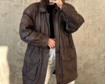 Chaqueta de cuero vintage de los años 90, abrigo de cuero en marrón