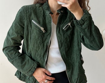 Vintage 80s suede leather jacket, motorcycle jacket in green