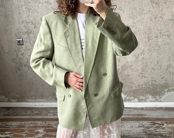 Vintage 90s straight wool blazer in green, loose linen blazer