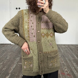 Vintage green wool and mohair cardigan, 80s ugly sweater