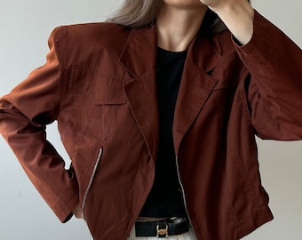 Vintage red loose linen jacket, zipped cropped jacket