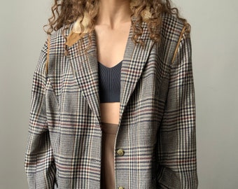 Vintage check wool blazer with fur collar