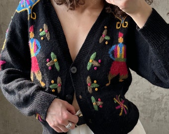 Vintage short wool cardigan, 80s fuzzy sweater in black with embroideries