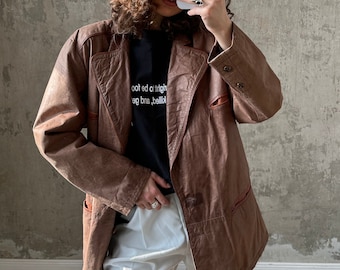 Vintage leather brown jacket, button-down blazer