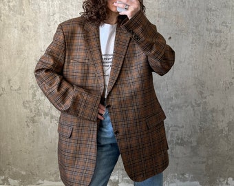 Blazer a quadri oversize vintage anni '90, blazer in lana marrone