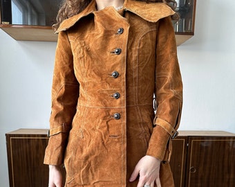 Vintage 90s abrigo de cuero de ante genuino en marrón, abrigo ajustado