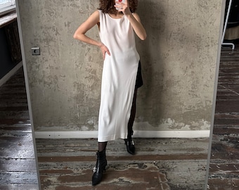 Vintage white loose linen dress, maxi sleeveless tank dress with slit