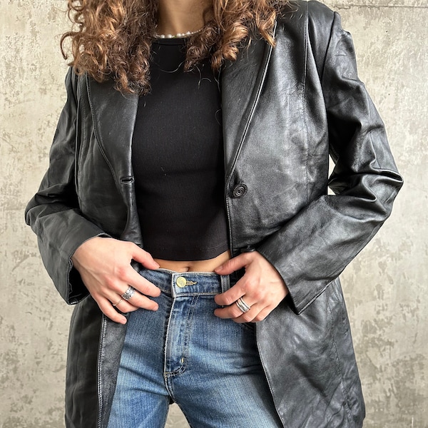 blazer en cuir ajusté vintage des années 90 en noir