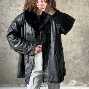 Vintage 90s Black Leather Jacket With Fur Collar - Etsy