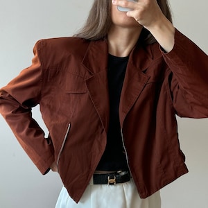 Vintage red loose linen jacket, zipped cropped jacket