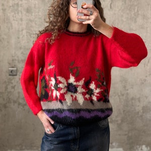 Vintage wool sweater in red, 80s ugly fuzzy sweater with flowers