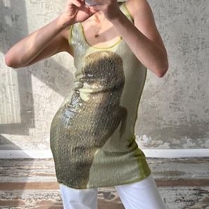 Vintage y2k sequin green cotton top with face print