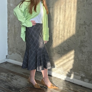 Vintage check maxi office skirt in grey