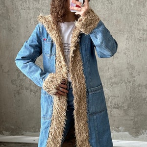Long denim coat with fur online