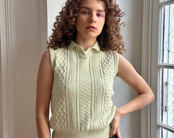 Vintage Versace Beige Wool Vest Cable-Knit Polo Collar Gender-Neutral Gilet