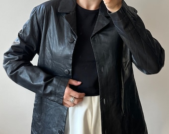 Vintage 90s genuine leather blazer in black, slim fit jacket