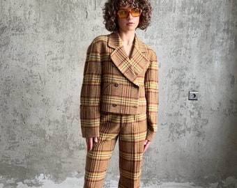 Archive 80s ISSEY MIYAKE SPORT wool check tweed suit in brown