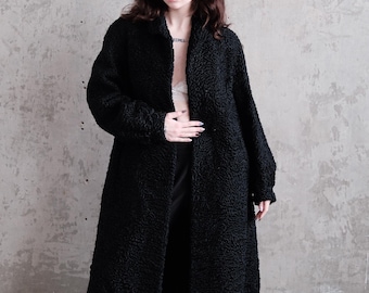 Vintage 90s Curly Astrakhan Fur Coat In Black