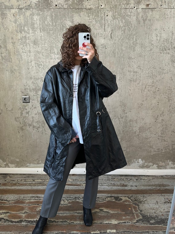 Vintage 90s leather belted coat in black, midi ov… - image 7