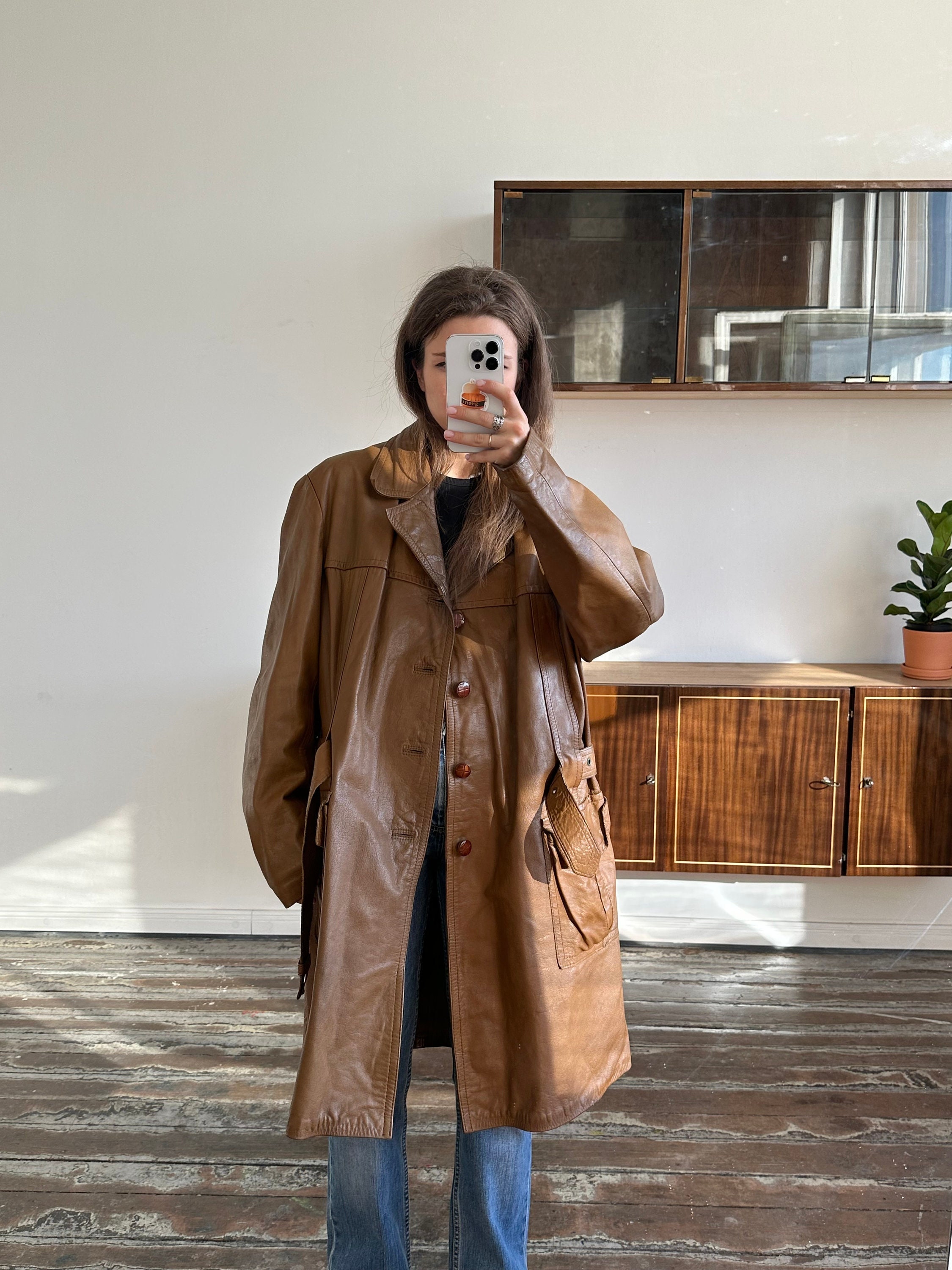 Vintage s Genuine Leather Coat in Brown Belted Coat   Etsy