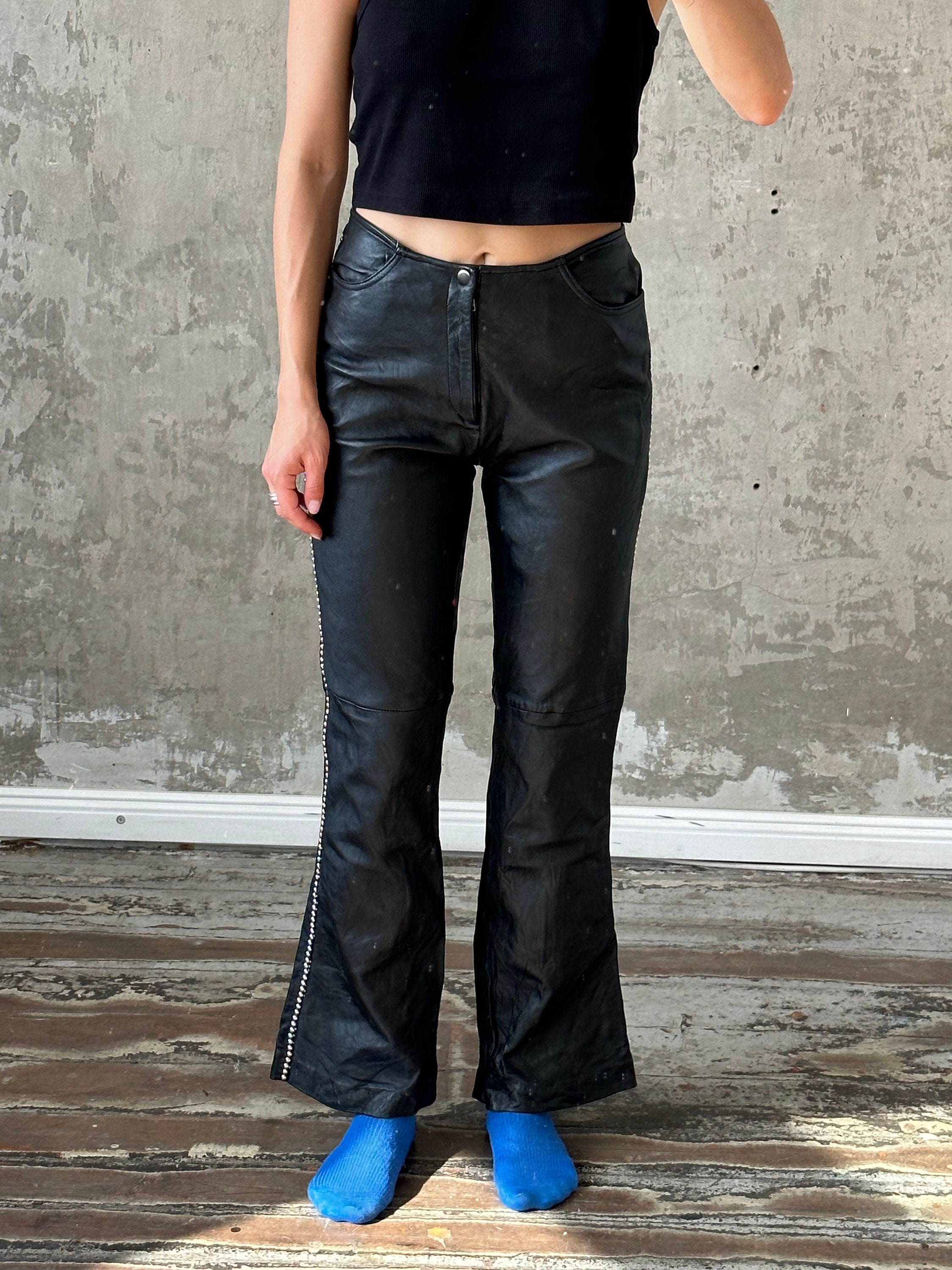 Vintage Leather Black Straight-Leg Trousers - W30 L32