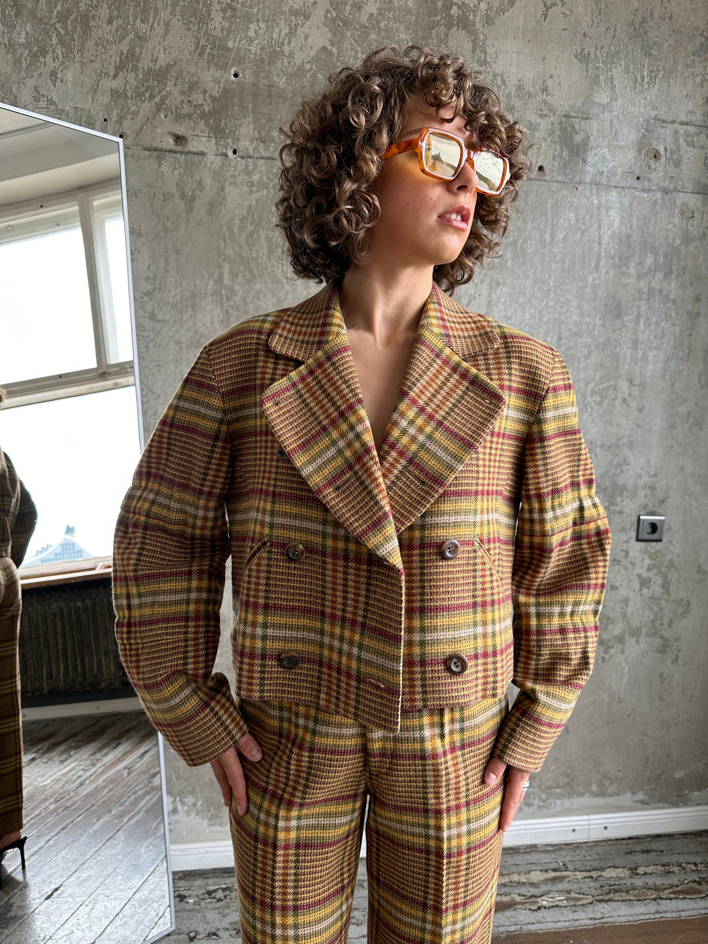 80s Issey Sport イッセイスポーツ　ダブルロングコート　アーカイブ Archive 80s ISSEY MIYAKE SPORT Wool Check Tweed Suit in