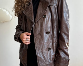 Abrigo vintage de cuero marrón con cinturón, abrigo corto de cuero