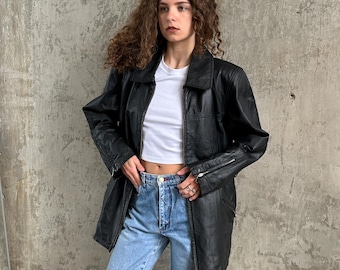 Vintage Leather Oversized Men's Jacket In Black