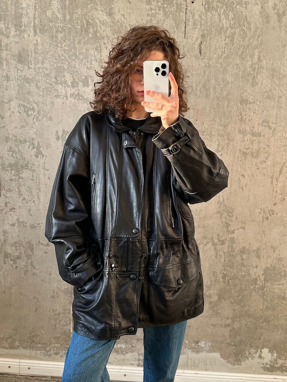 Veste en cuir noire vintage des annees 90 Etsy Canada