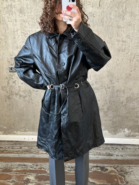 Vintage 90s leather belted coat in black, midi ov… - image 6