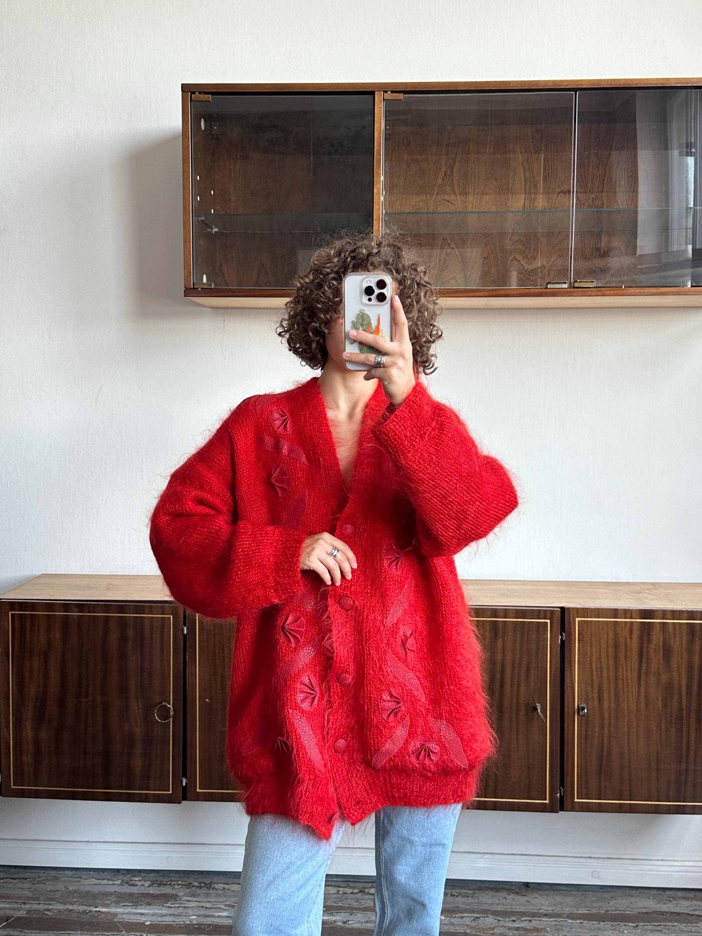 Vintage Oversized Mohair Cardigan, 80s Fuzzy Sweater in Red Vintage Oversized Mohair Cardigan, 80s Fuzzy Sweater in Red