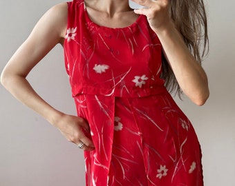 Vintage floral dress in red, maxi sleeveless summer dress