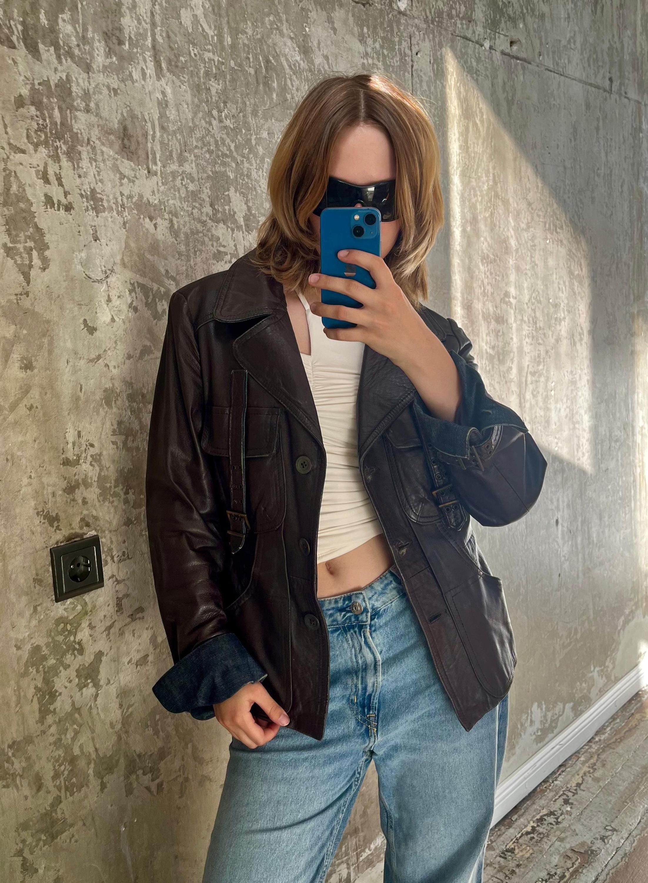Vintage 90s Leather Button up Denim Lining Detail Jacket in