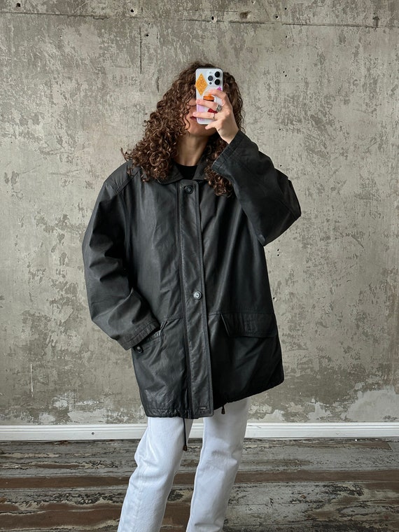 Vintage 90s massive grey leather jacket - image 2