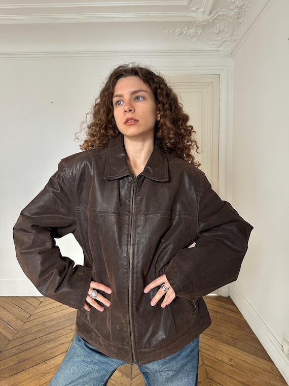 Vintage 90s Oversized Brown Leather Jacket in Brown