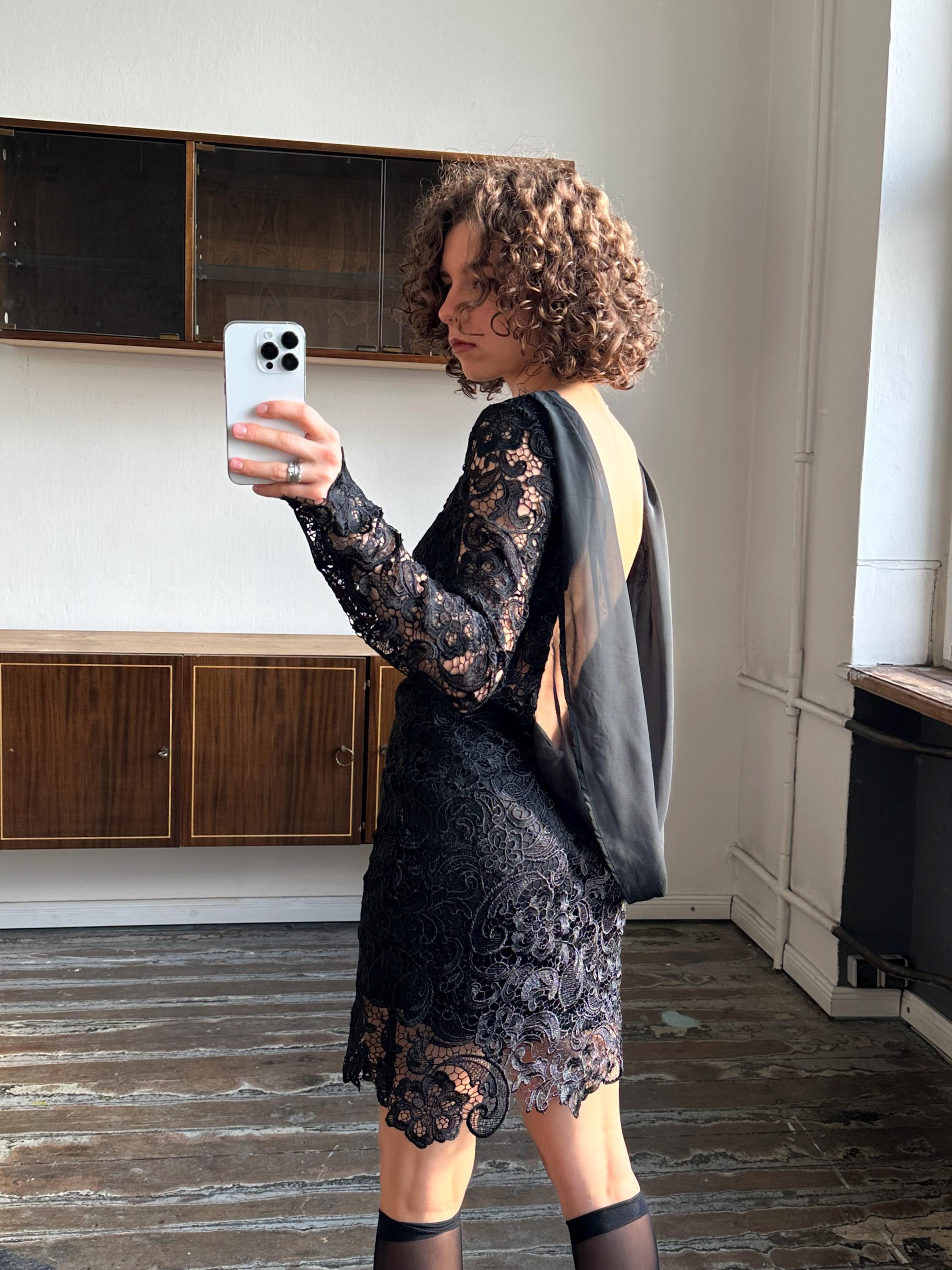 Vintage 90s Long Sleeve Mini Dress in Black, Lace Slip Dress - Etsy