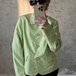 Vintage abstract silk blazer in light green with sequins