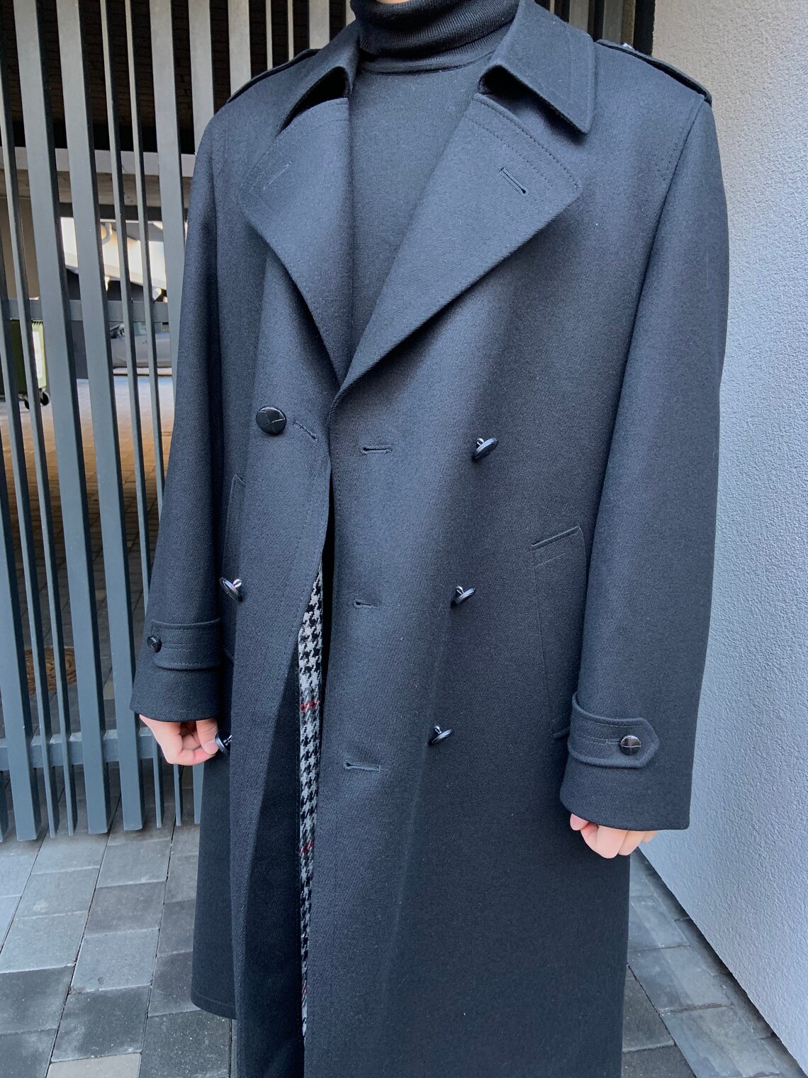 Vintage Wool Men Overcoat in Black Belted Trench Coat - Etsy