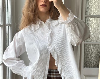 Antique French 1920s Cotton Blouse In White