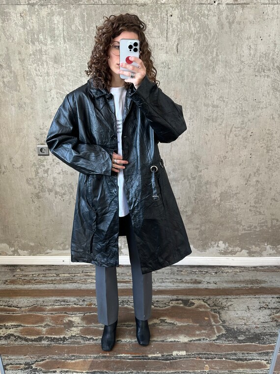 Vintage 90s leather belted coat in black, midi ov… - image 8