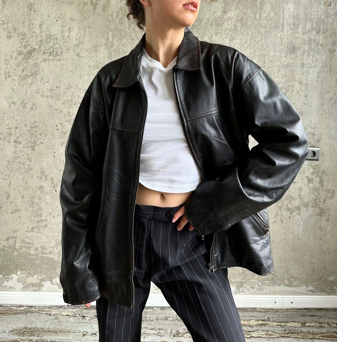 Distressed Leather Bomber Jacket main image 1