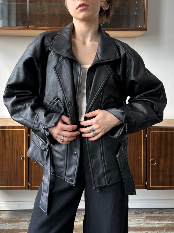 Vintage 90s Faux Leather Bomber Jacket in Black - Etsy Vintage 90s Faux Leather Bomber Jacket in Black - Etsy