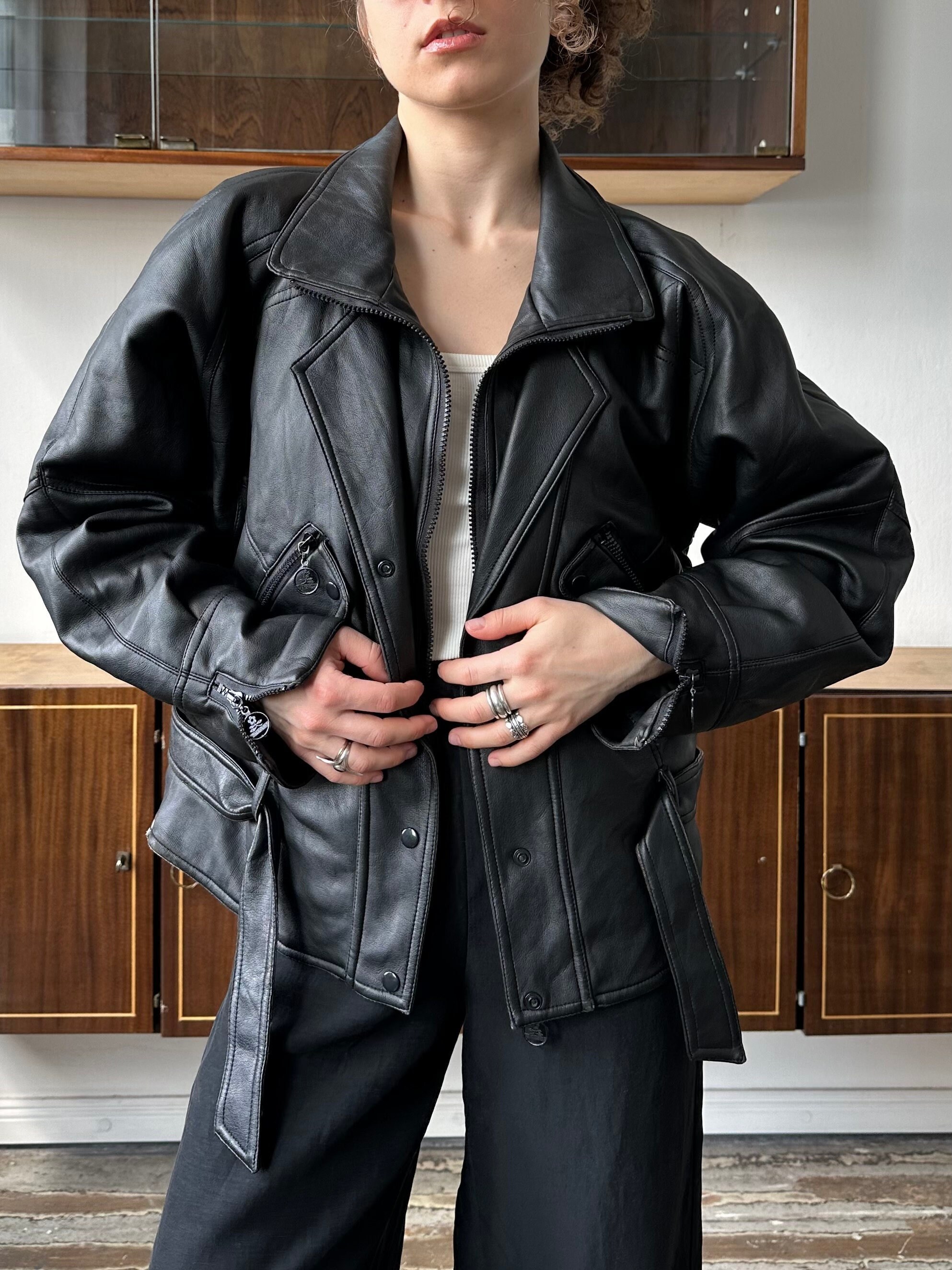 Vintage 90s Faux Leather Bomber Jacket in Black - Etsy Vintage 90s Faux Leather Bomber Jacket in Black - Etsy
