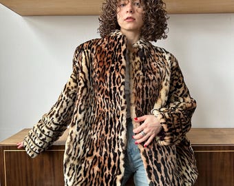 Vintage 80s leopard print fur coat, wool winter coat