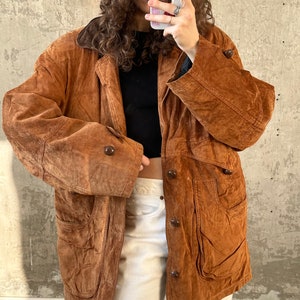 Vintage 90s Suede Leather Bomber Jacket, Brown Oversized Grunge Motorcycle Coat, Genuine Leather, Padded, Wooden Button Closure, Fits XS-M