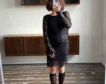 Vintage 90s Long Sleeve Mini Dress in Black, Lace Slip Dress - Etsy