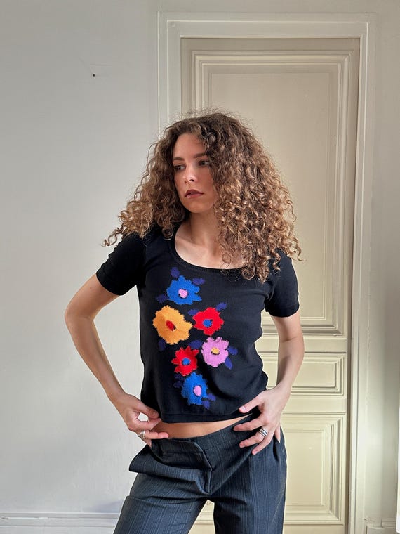 Sonia Rykiel, Vintage Sonia Rykiel Black Knit Top with Flowers